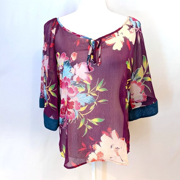 Express	| Sheer Kimono Sleeve Purple Tropical Floral Print Blouse | Size Small - Picture 3 of 15